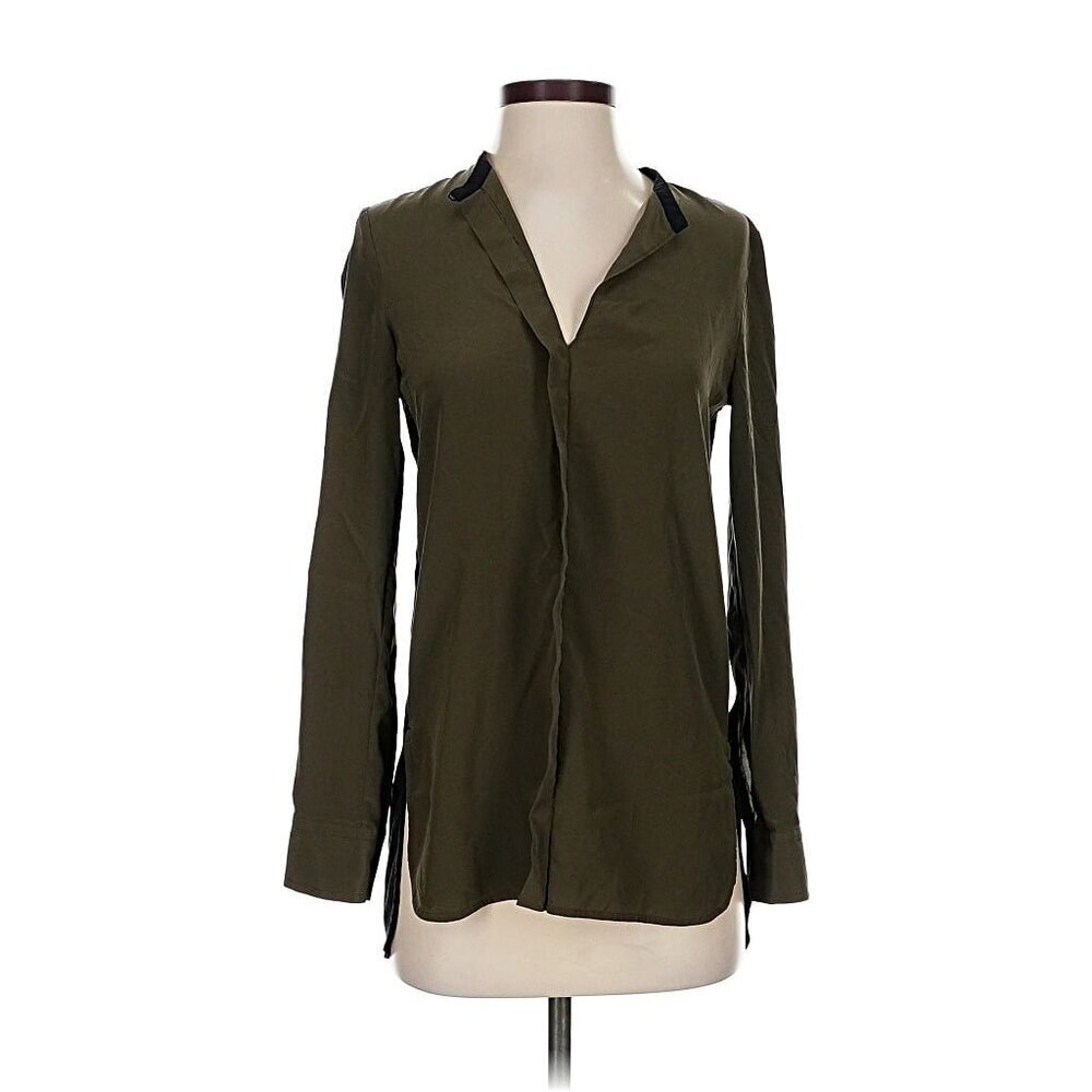 Vince Silk Blouse Long Sleeve Top Green Black Business V Neck Women's 2